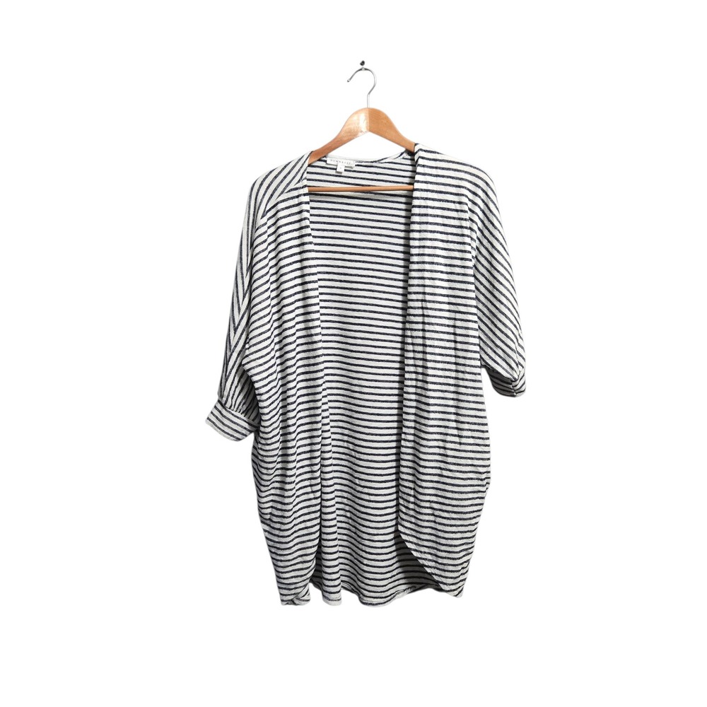 Down East Open Front Cardigan Short Sleeve Blue White Stripe Medium Cover Up